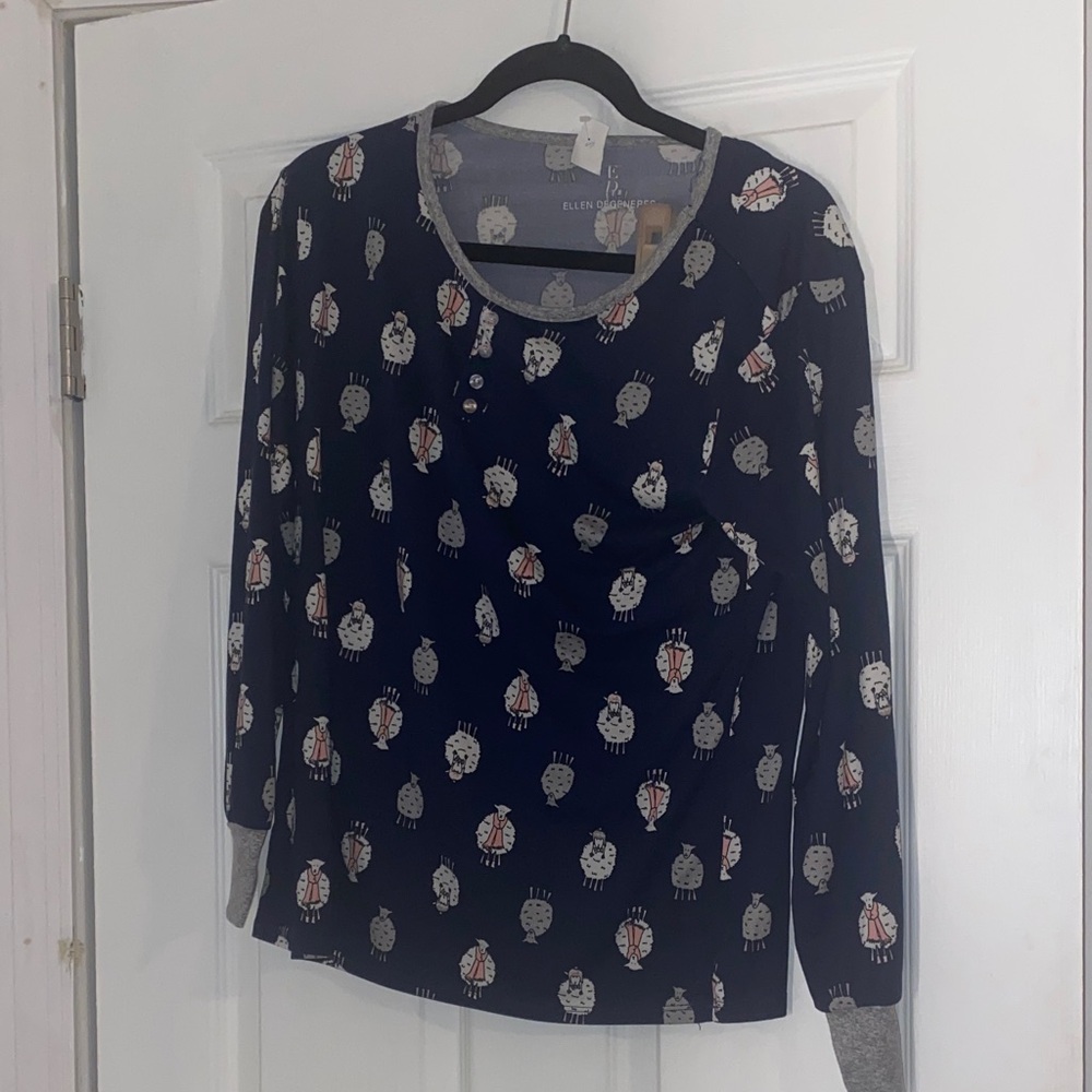 Ellen Degeneres Navy Long Sleeve pajama Top with sheep Print